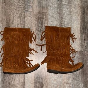 Fringe Suede Tan Boots for Women Minnetonka